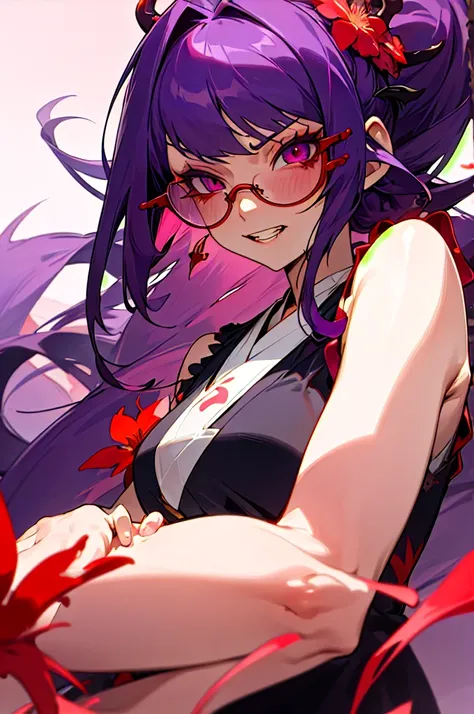 Girl with long dark purple hair with bangs, light pink eyes with big eyelashes, red qudradi glasses, long sleeveless kimono, Dark purple dragon tattoo on your arm, red flower in your hair, flushed face and pointed teeth