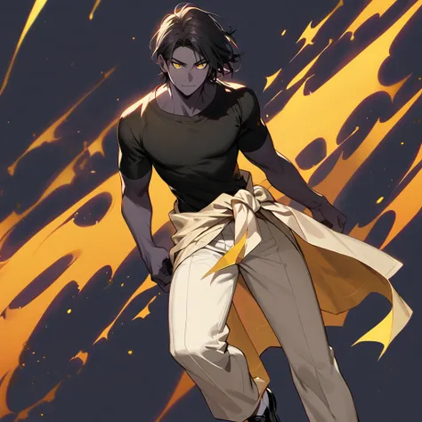 (well done: 1) man, slightly burnt black skin, shoulder-length wavy black hair, yellow eyes, black t-shirt, white pants, blouse wrapped around the waist, black shoes.