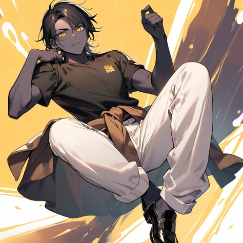 (well done: 1) man, slightly burnt black skin, shoulder-length wavy black hair, yellow eyes, black t-shirt, white pants, blouse wrapped around the waist, black shoes.