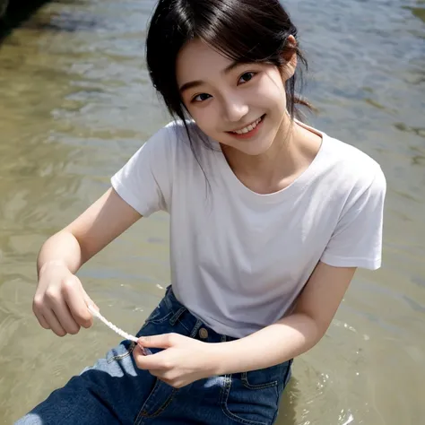 Japanese、18-year-old、Very slim、((Smiling))、T-Shirts、Roll up your trousers with your hands、River shallow waters