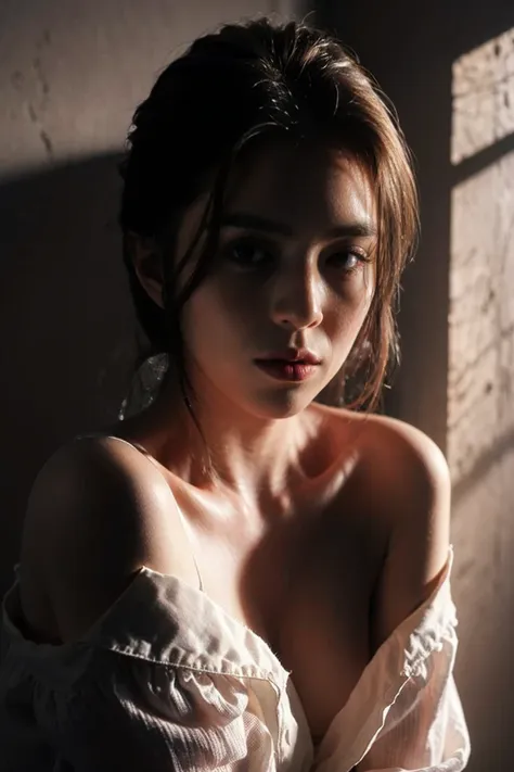 best quality, masterpiece, ultra high res, (photorealistic:1.4), raw photo, 1girl, offshoulder, in the dark, deep shadow, low ke...