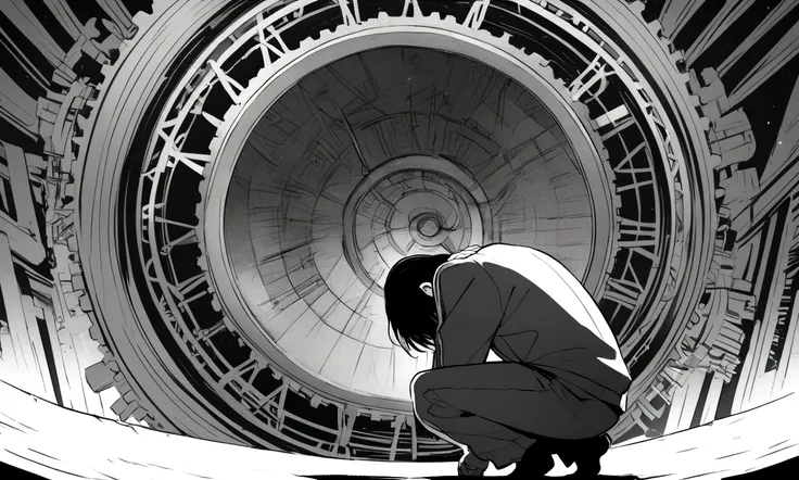 black and white drawing, giant clockwork background, human, 26 year old male, black neat hair, a lonely face, wearing gray tracksuit, squat down, raise one&#39;s head.