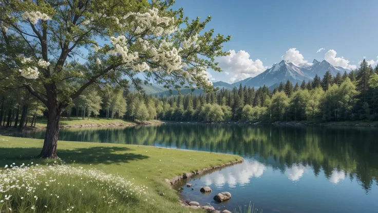 landscape with tree with white flowers and lake
