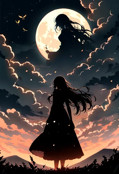 masterpiece, Highest quality, night, hill, cloud, full moon, Long Hair, woman, silhouette, fire Fly.