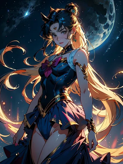 （（tmasterpiece））， （（best qualtiy））， （ultra - detailed）， （（Very detailed））， 4K， （8K）， sailormoon， long golden hair， dual horsetail，sailor moon aesthetic，a beauty girl，Puffy skirt，Blue color， dreamcore，Bigchest，nakeness，Genital only，bared  chest