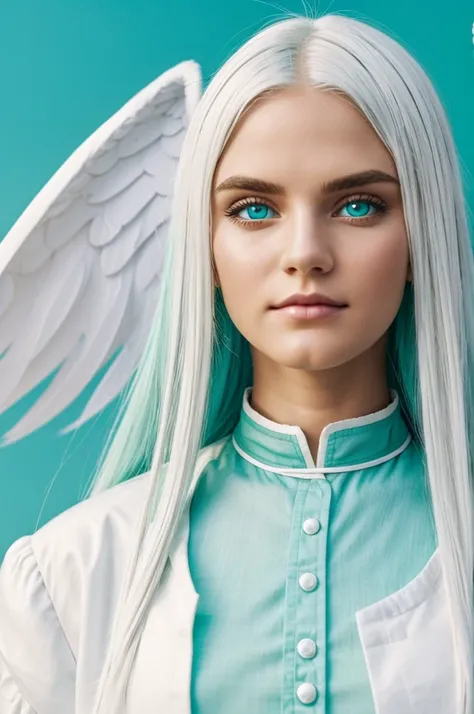 An angel with green eyes, white hair and turquoise and white clothes. 