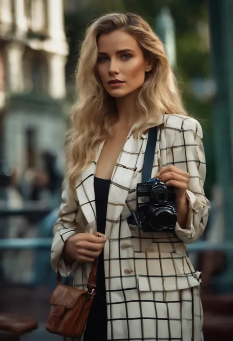 Masterpiece, High quality, Young EMÍLIA CLARKE, Holding a checked long dress, digital camera, White jacket, Blonde, Facing forward, looking at the camera in, full bodyesbian, center of screen