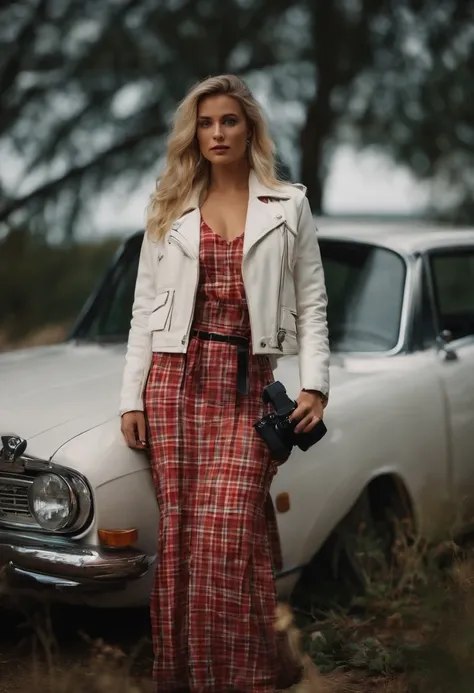 Masterpiece, High quality, Young EMÍLIA CLARKE, Holding a checked long dress, digital camera, White jacket, Blonde, Facing forward, looking at the camera in, full bodyesbian, center of screen