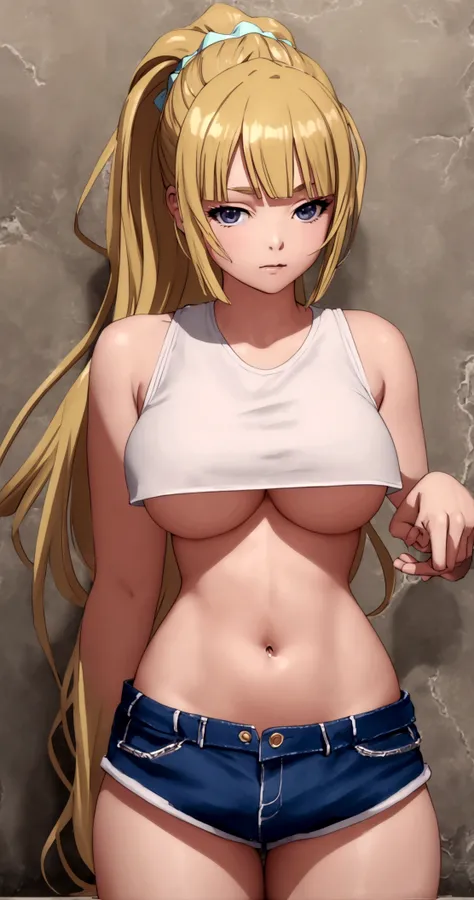 masterpiece、top-quality、hight resolution)、 Real life adaption for this character, Masterpiece, high quality, best lighting, cinematic, 1girl, blonde hair, ponytails, crop top, underboob, cowboy shot, ((mini short pants)), (perfect body), (((big thigh))), l...