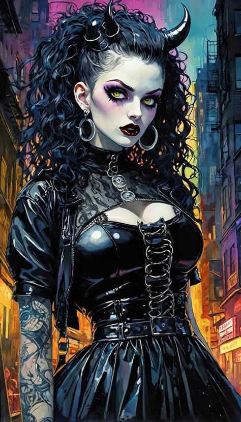 (1 lady, alone, curvy upper body, large) close-up, experiments with appearance: long curly hair, dramatic makeup, unconventional fashion choice behavior: punk, nonconformity, provocation location: demon eyes, urban art district、Underground music venues Hob...