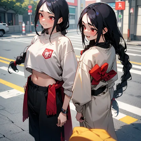 1female, sexy, young teen, finely detailed red eyes, wild long hair, braided hair, black hair color, crop top sweater, baggy pants, standing on streets, day time, tokyo streets, excited expression, flowers, blushing