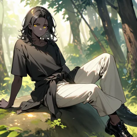 (well done: 1) man, slightly burnt black skin, shoulder-length wavy black hair, yellow eyes, black t-shirt, nails painted black, white pants, blouse wrapped around the waist, black shoes.   sitting on a rock in a forest..