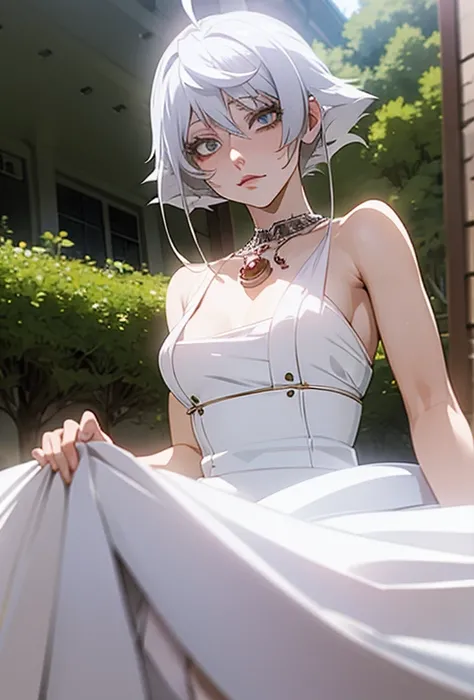 There is a woman in a white dress with a red rose in her hair, anime Disguise, anime girl Disguise, Disguise photo, Anime style mixed with Fujifilm, White-haired, Beautiful Kitson woman, Disguiseer, White cat girl, Silver hair girl, Anime girl in real life...