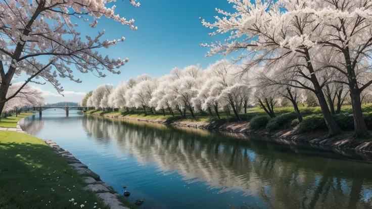 landscape with white flowering tree and river