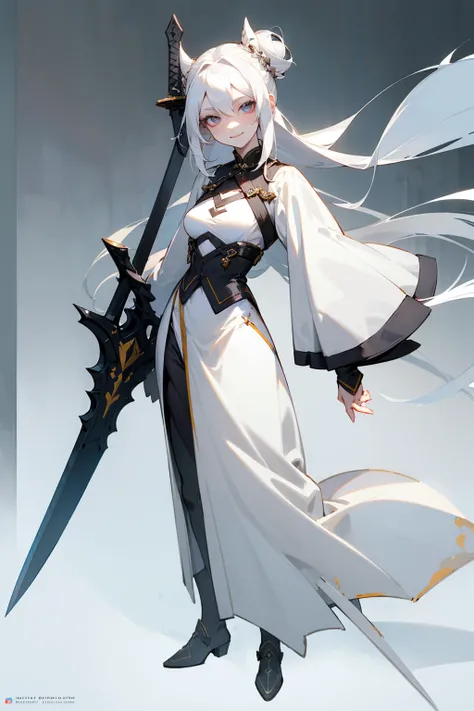 Masterpiece Quality, Perfect Generation, Sclera, Detailed Eyes, Skin, White Hair, Gray Eyes, Pale Skin, Field Background, Facing Viewer, Standing, , Female, Full Body, Nice Clothing, Sword, Hair In Buns, Attractive, Busty, Crazy Smile, Curvy,