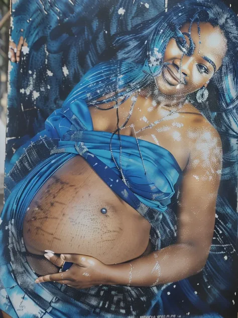 a close up of a picture of a woman in a blue dress, real photograph on the street, pregnant belly, ghanaian movie poster, by Chinwe Chukwuogo-Roy, still photograph, photo print, inspired by Chinwe Chukwuogo-Roy, pregnant, scratches on photo, belly exposed,...