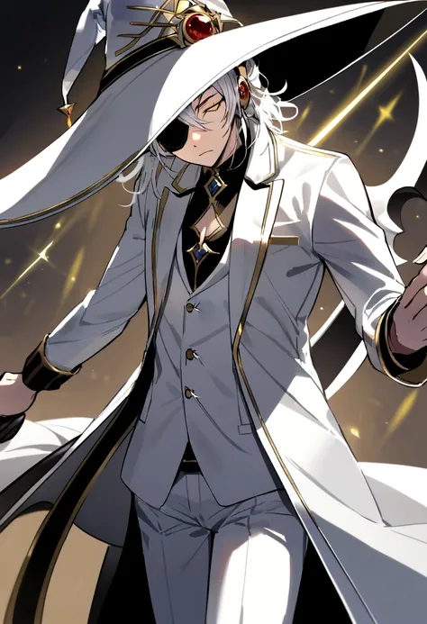 Hair style, eyes closed, white hair, wearing a white suit with yellow highlights, wearing an eye patch, red and white headphones. He held a death scythe and had two lights beside him. He wore a white witchs hat.