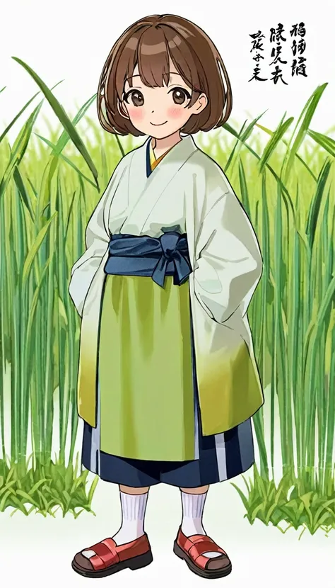 Generate an image of a rural father working in a rice field。
that time、Please write with the following characteristics。

"""
Draw animated characters in a warm, hand-drawn style。
This character is a middle-aged woman.、Has a friendly atmosphere、There is a s...