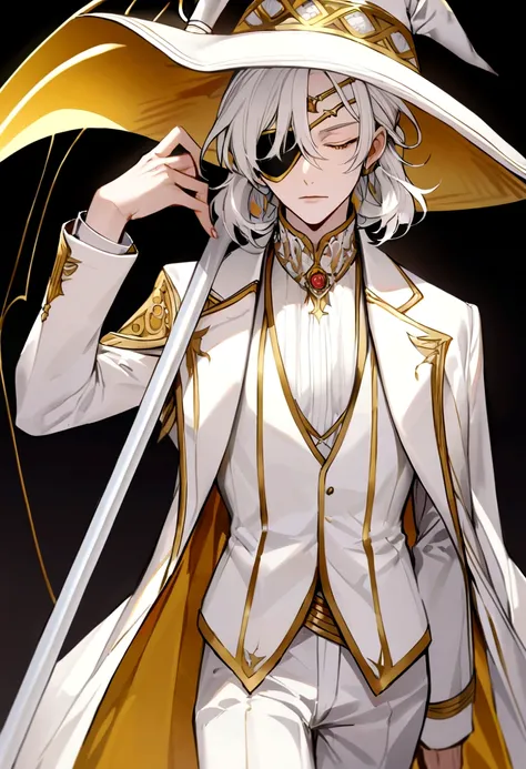 Hair style, eyes closed, white hair, wearing a white suit with yellow highlights, wearing an eye patch, red and white headphones. He held a death scythe and had two lights beside him. He wore a white witchs hat.