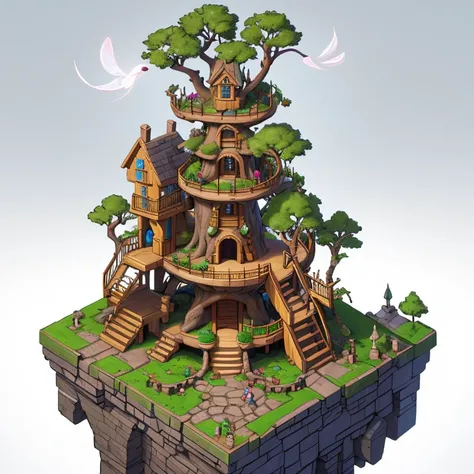 isometric view of an elf treehouse with spiral staircases and ethereal decor, thumbnail || masterpiece, 8 k, a high resolution, ...