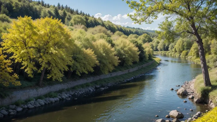 landscape with tree with yellow flowers and river