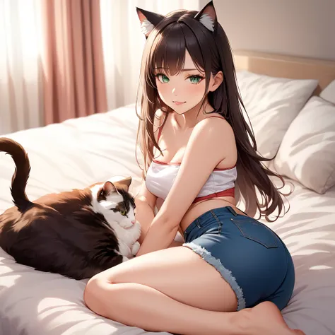 Sexy Posing, Female, 30 years old, cute, eyeliner, long hair, biting lip smile, tube top, jean shorts, bedroom eyes, catgirl, cat ears, living room background, 8k, hi res, (best quality, masterpiece), green eyes, lying in bed, cat tail, Duo