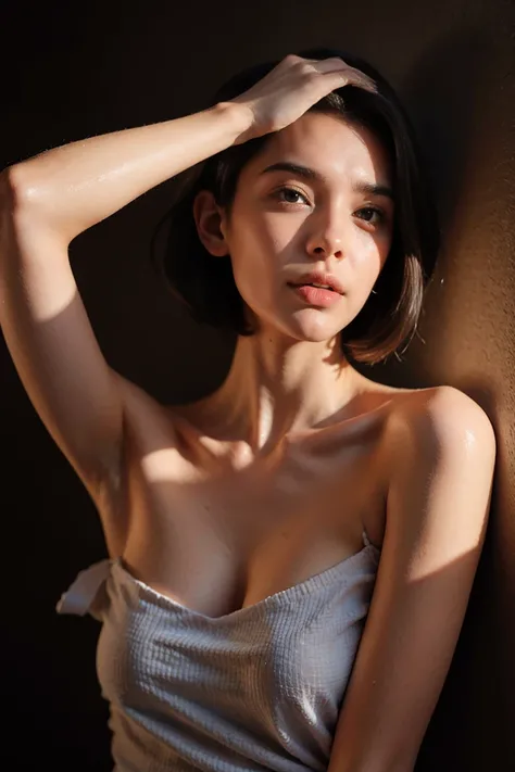 Best quality, masterpiece, ultra high res, (photorealistic:1.4), raw photo, 1girl, offshoulder, in the dark, deep shadow, low key, cold light, short hair, show armpit 