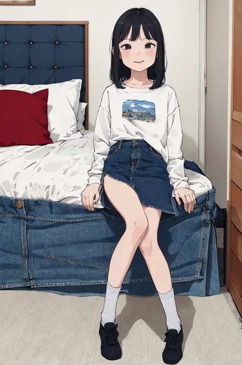 best quality, masterpiece, detailed,2d,flat color, 1girl,,,my room,denim skirt,