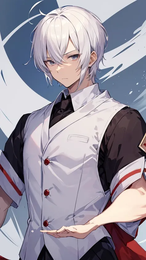 best quality,Japanese animation style adult male,short hair,white hair,((Up-bang and parted into seven thirds)),small eyes,slant eyes, white eyes, 
stern expression,Tailcoat combat specifications based on white,Background is inside a castle,folding ones ar...