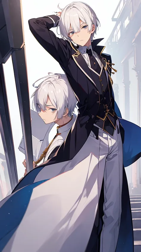 best quality,Japanese animation style adult male,short hair,white hair,((Up-bang and parted into seven thirds)),small eyes,slant eyes, white eyes, 
stern expression,Tailcoat combat specifications based on white,Background is inside a castle,folding ones ar...