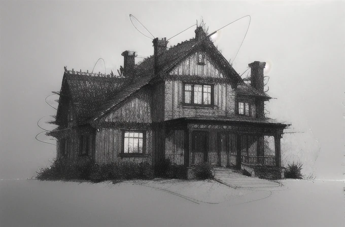 (doodles:1.2),(dilapidated house on the edge of a winter forest,one-storey:0.7),victorian era,a wealth of detail, delicate penci...