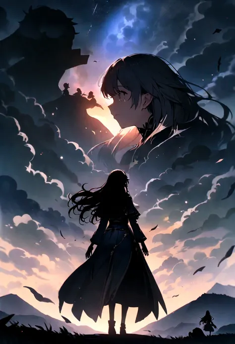 Fantasyな満月, Long Hair, Woman looking up to the sky and crying, silhouette, Facing Death、Fantasy、masterpiece, Highest quality, night, hill, , Imagination、Narrative、Impressive work、　