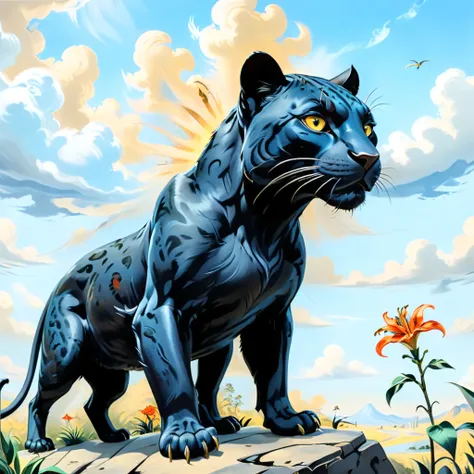 A realistic painting. A big black panther and behind a Lilium michiganense. it is a sunny day with a few clouds on the sky. ((Style salvador dali)))