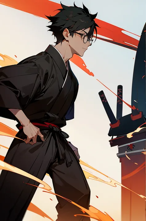 Adult, male, samurai Clothing, Standing pose, Town background. glasses