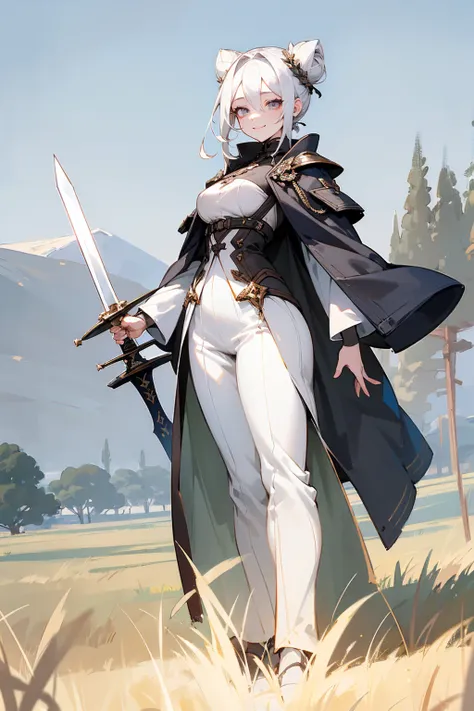 Masterpiece Quality, Perfect Generation, Sclera, Detailed Eyes, Skin, White Hair, Gray Eyes, Pale Skin, Field Background, Facing Viewer, Standing, , Female, Full Body, Nice Clothing, Sword, Hair In Buns, Attractive, Busty, Crazy Smile, Curvy, Field Backgro...