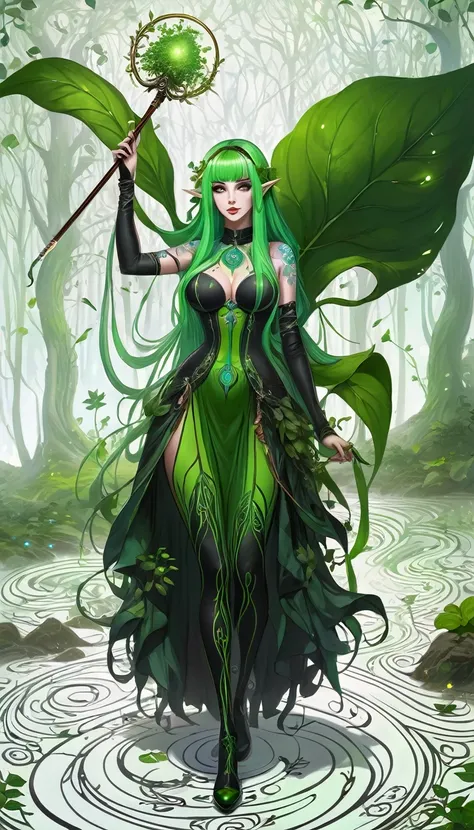 divine beautiful dlyad girl, long green hair, large breasts, full body, personified, fantasy, she is holding a cane, excellent lighting, excellent anatomy, leaves, weeds, sprouts, trees, soil, ethereality, fantasy card game frame, psychedelic, psychedelic ...