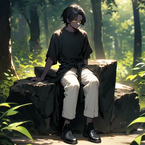 (well done: 1) man, slightly burnt black skin, shoulder-length wavy black hair, yellow eyes, black t-shirt, nails painted black, white pants, blouse wrapped around the waist, black shoes.   sitting on a rock in a forest..