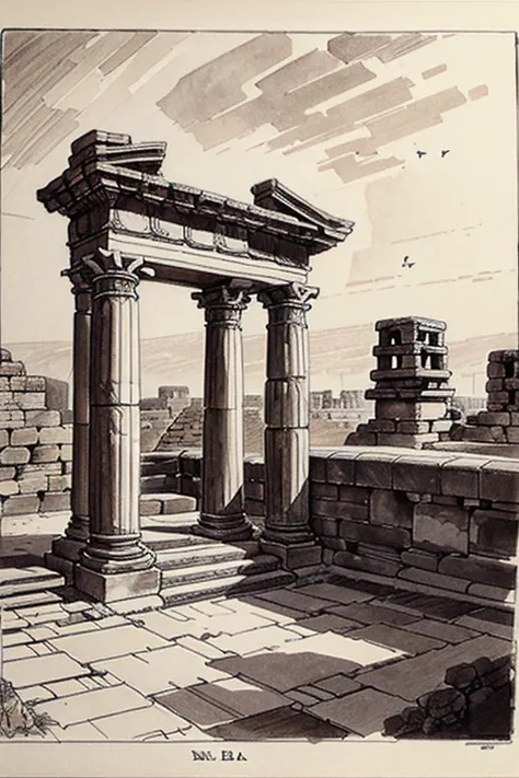 Sketch of ancient architecture, Ink drawing