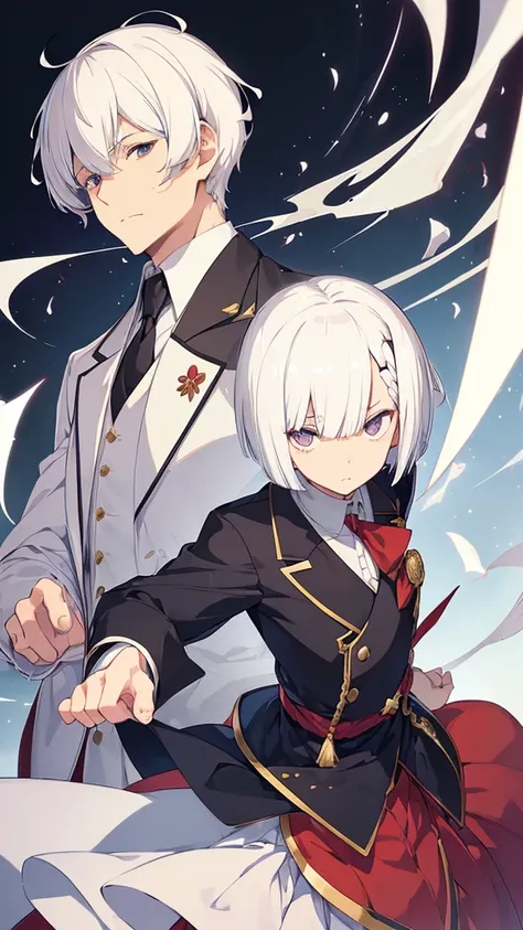 best quality,Japanese animation style adult male,short hair,white hair,((((Up-bang and parted into seven thirds)))),small eyes,slant eyes, white eyes, 
stern expression,Tailcoat combat specifications based on white,folding ones arms,castle room