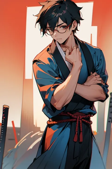 Adult, male, samurai Clothing, Standing pose, Town background. glasses