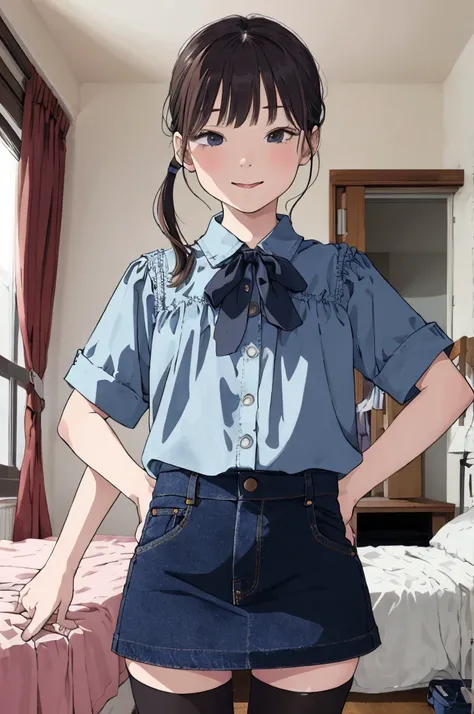 best quality, masterpiece, detailed,2d,flat color, 1girl,,,my room,denim skirt,blouse,thighhighs