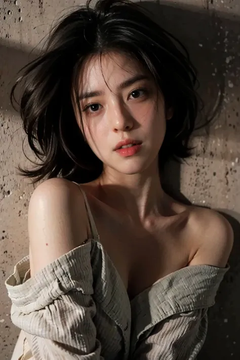 best quality, masterpiece, ultra high res, (photorealistic:1.4), raw photo, 1girl, offshoulder, in the dark, deep shadow, low ke...