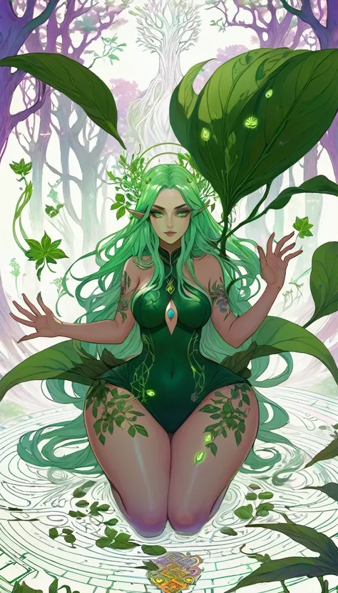 divine beautiful dlyad girl, long green hair, large breasts, personified, fantasy, excellent lighting, excellent anatomy, leaves, weeds, sprouts, trees, soil, ethereality, fantasy card game frame, psychedelic, psychedelic delusion, 2d Gauche hand drawn pai...