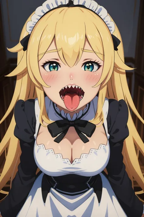 cowboy shot,indoors,smile,open mouth, sharp teeth, æ³å°é»èå¡Â·é²æ¼,1girl,solo,blonde hair,very long hair,sidelocks,thick eyebrows,hair between eyes,green eyes, maid,maid headdress,roswaal mansion maid uniform,detached collar,neck ribbon,black ribbo...