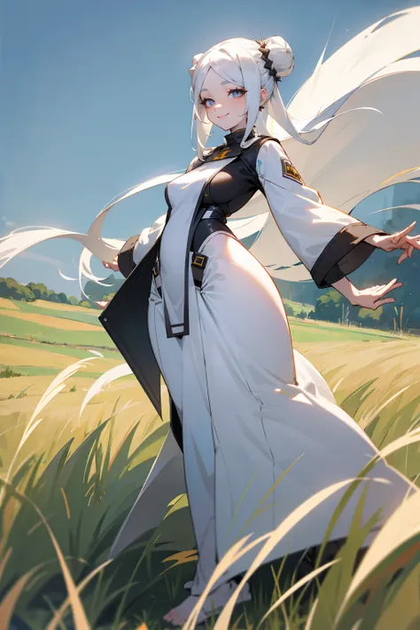 Masterpiece Quality, Perfect Generation, Sclera, Detailed Eyes, Skin, White Hair, Gray Eyes, Pale Skin, Field Background, Facing Viewer, Standing, , Female, Full Body, Yoga Clothing, , Hair In Buns, Attractive, Busty, Crazy Smile, Curvy, Field Background