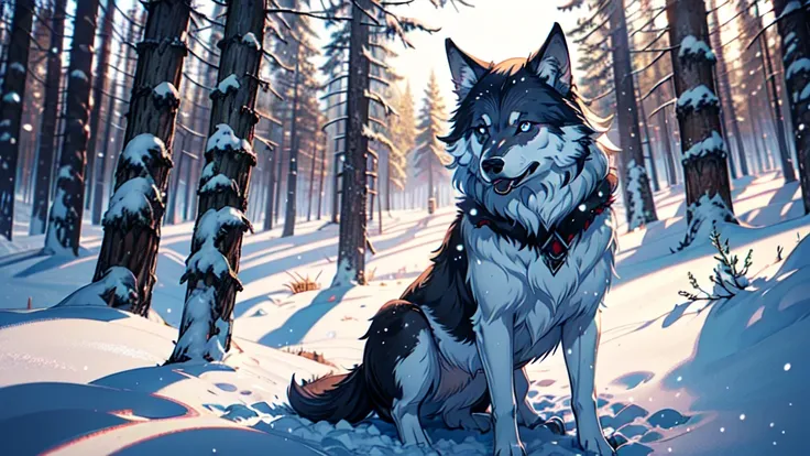 no human, female winter wolf, piercing blue eyes, white fur, Setting is a Scandinavian forest in winter, snow, Highly detailed, looking at viewer, slender