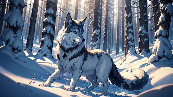 no human, female winter wolf, piercing blue eyes, white fur, Setting is a Scandinavian forest in winter, snow, Highly detailed, looking at viewer, slender