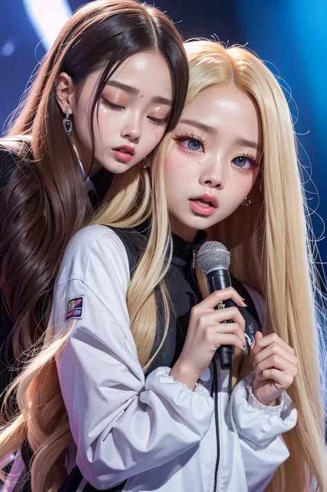 Jinsoul from Loona on a podium and Lisa from Blackpink crying 