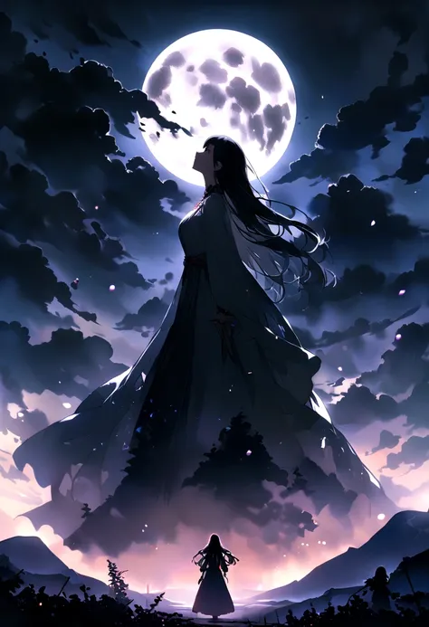 full moon, とても大きなfull moon、 A woman with long hair looks up to the sky and cries after the death of her lover,Silhouette of, Facing Death、Fantasy、masterpiece, Highest quality, night, hill, , Imagination、Narrative、Impressive work、Fantasyなfull moonと雲のコラボレーショ...