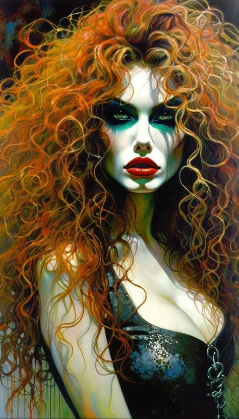 (1 lady, alone, curvy upper body, large) very beautiful, very sexy, close-up, experiments with appearance: long curly hair, dramatic makeup, unconventional fashion choice behavior: punk, non-conformity, location of provocation: demon eyes, urban art distri...